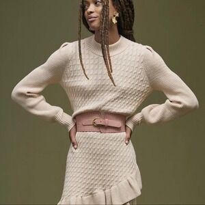 Anthropologie Flat White Women's Knit Sweater Dress Long Sleeve Ruffle Hem‎ M E1